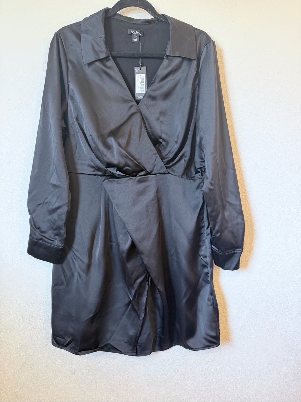 Boohoo Black Satin Wrap Dress